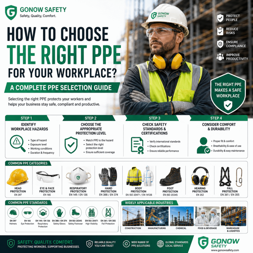 Infographic showing how to choose the right Personal Protective Equipment (PPE) for the workplace, including hazard assessment, PPE selection steps, safety standards, and common PPE such as helmets, safety glasses, respirators, gloves, protective clothing, safety footwear, hearing protection, and fall protection.