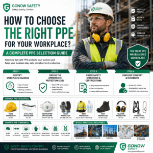 Infographic showing how to choose the right Personal Protective Equipment (PPE) for the workplace, including hazard assessment, PPE selection steps, safety standards, and common PPE such as helmets, safety glasses, respirators, gloves, protective clothing, safety footwear, hearing protection, and fall protection.