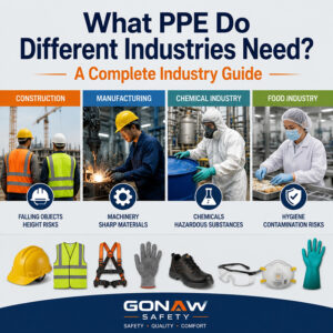 PPE requirements for different industries including construction, manufacturing, chemical, and food industry safety equipment
