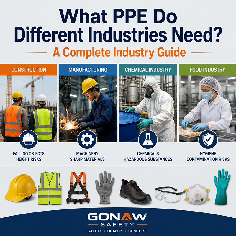 PPE requirements for different industries including construction, manufacturing, chemical, and food industry safety equipment