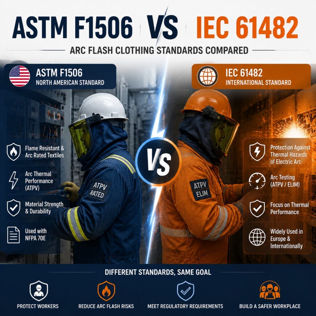 ASTM F1506 vs IEC 61482 arc flash clothing standards comparison for electrical protective clothing