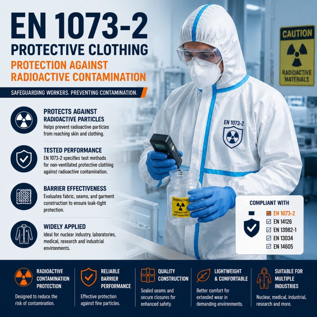EN 1073-2 protective clothing for radioactive contamination protection with a worker wearing a protective coverall