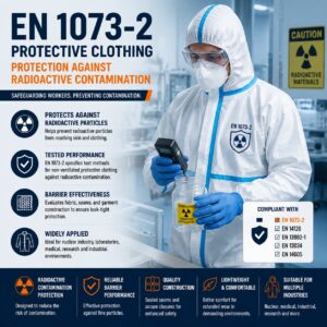 EN 1073-2 protective clothing for radioactive contamination protection with a worker wearing a protective coverall