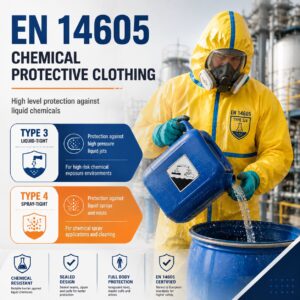EN 14605 Type 3 and Type 4 chemical protective clothing for liquid chemical protection