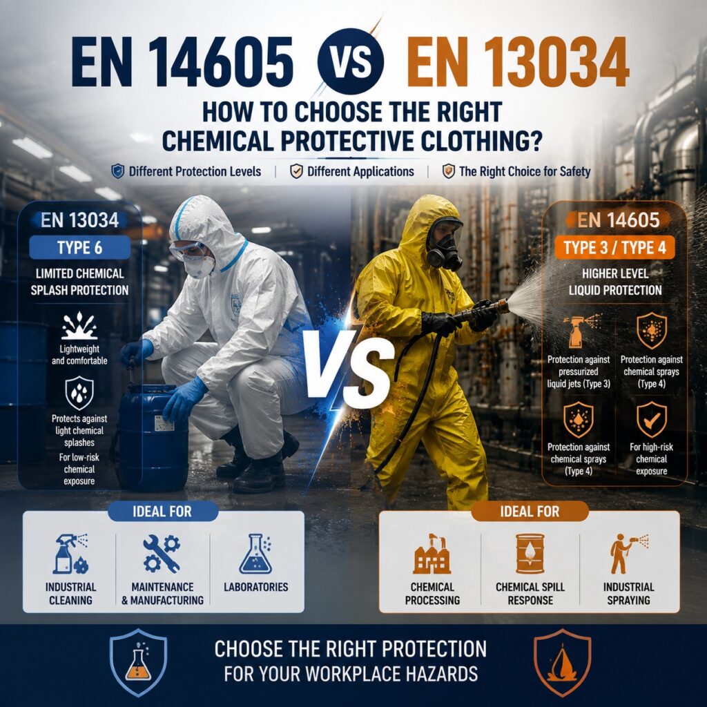 EN 14605 vs EN 13034 chemical protective clothing comparison showing Type 3, Type 4, and Type 6 protection levels
