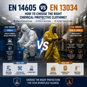 EN 14605 vs EN 13034 chemical protective clothing comparison showing Type 3, Type 4, and Type 6 protection levels