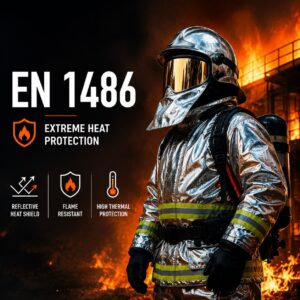 EN 1486 extreme heat protective clothing with firefighter wearing reflective heat and flame resistant PPE