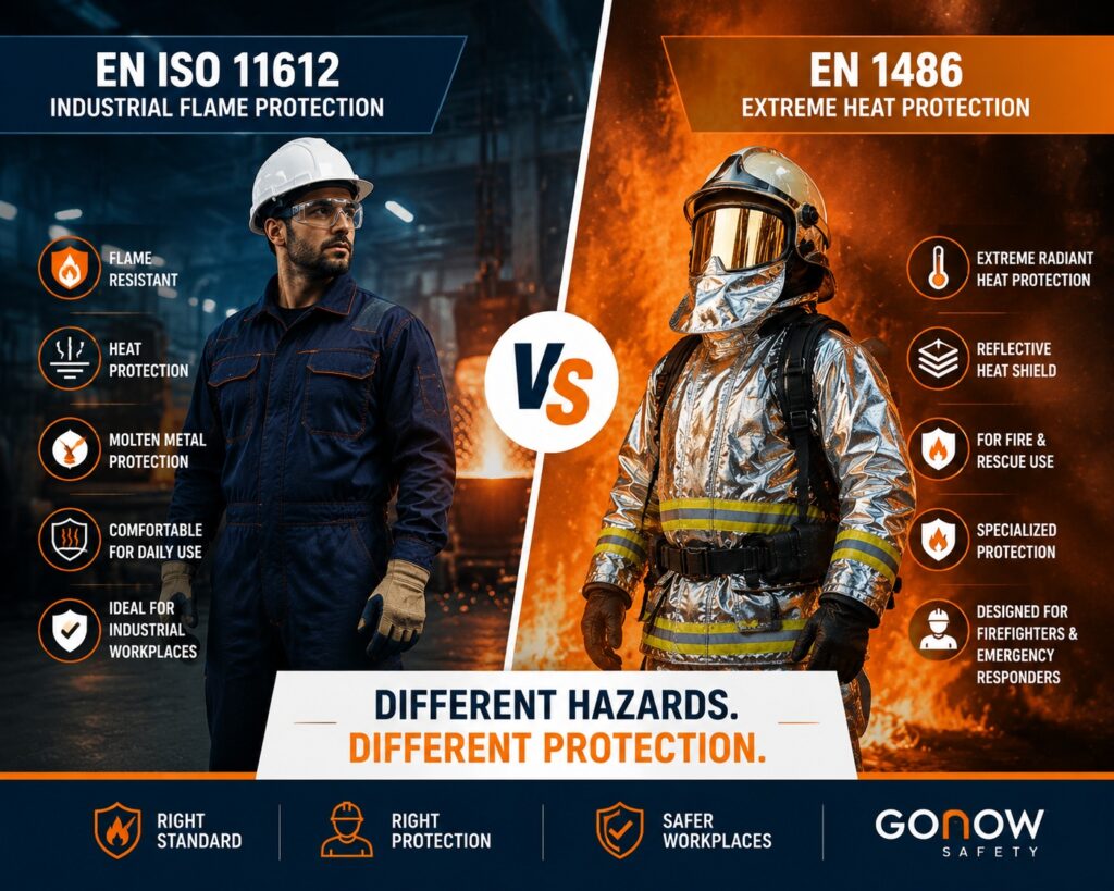 EN ISO 11612 vs EN 1486 comparison showing industrial flame protection and extreme heat protective clothing