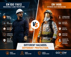 EN ISO 11612 vs EN 1486 comparison showing industrial flame protection and extreme heat protective clothing