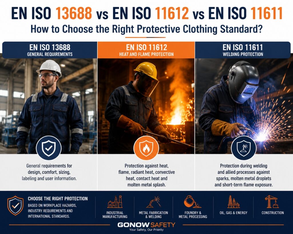 EN ISO 13688 vs EN ISO 11612 vs EN ISO 11611 protective clothing standards comparison for industrial PPE