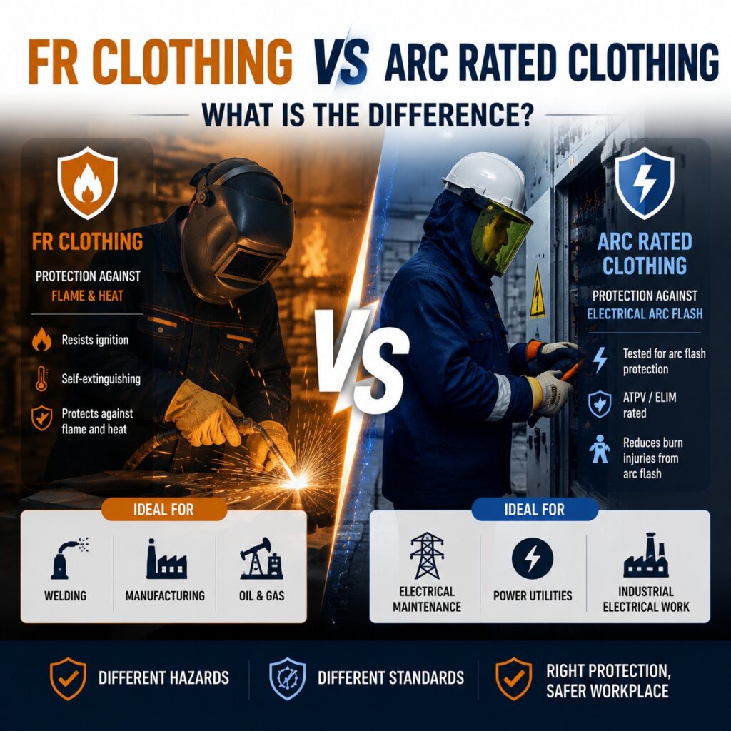 FR clothing vs Arc Rated clothing comparison showing flame protection and arc flash protection differences