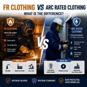 FR clothing vs Arc Rated clothing comparison showing flame protection and arc flash protection differences