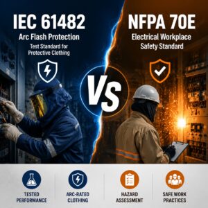 IEC 61482 vs NFPA 70E comparison showing arc flash protective clothing and electrical safety standards
