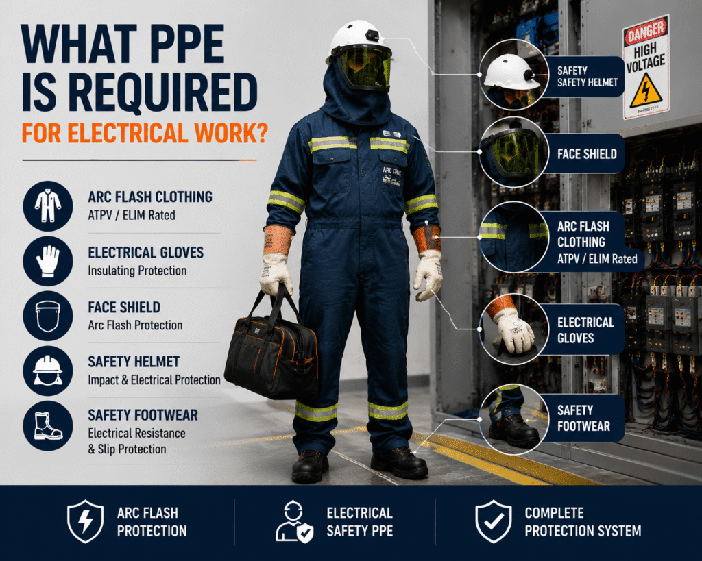 Electrical worker wearing arc flash PPE with helmet, face shield, gloves, and safety footwear for electrical work protection