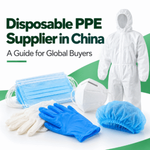 Disposable PPE products including protective coveralls, face masks, respirators, disposable gloves, and bouffant caps.