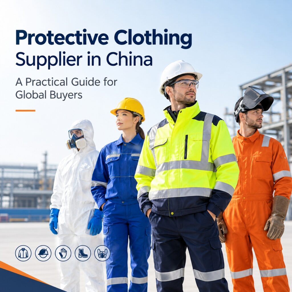 Protective clothing supplier in China showcasing high visibility jackets, industrial workwear, chemical protective coveralls and welding clothing.