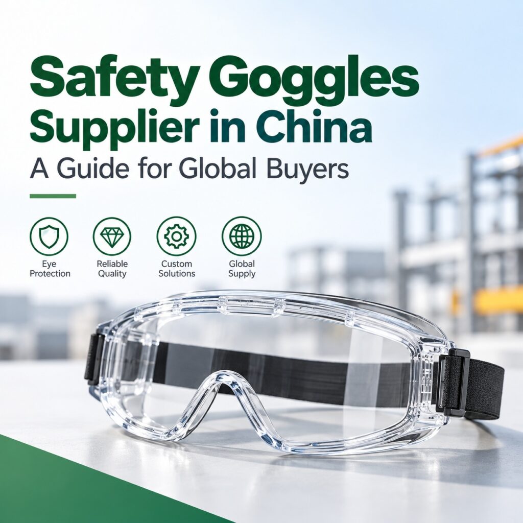 Clear industrial safety goggles with a black adjustable strap on a white background.