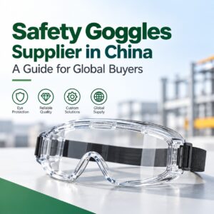 Clear industrial safety goggles with a black adjustable strap on a white background.