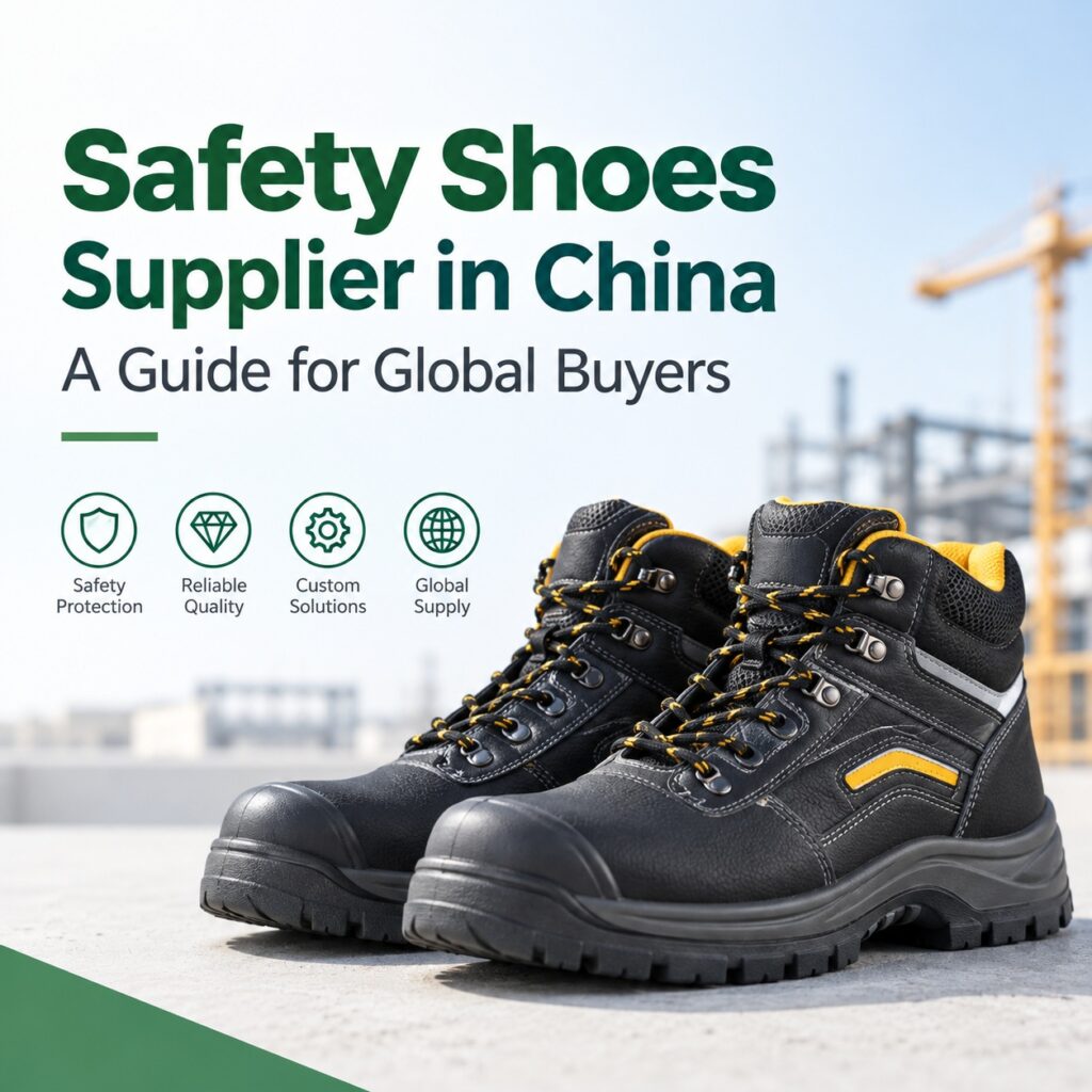 Black industrial safety shoes with green accents for buyers sourcing safety shoes from China.